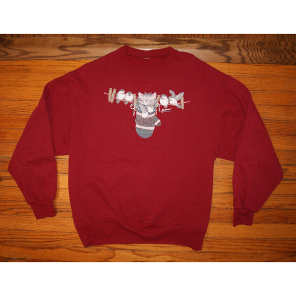 Vintage 90s Morning Sun Birds Kitten In Mitten Sweatshirt Womens Large Dark Red - Picture 4 of 8